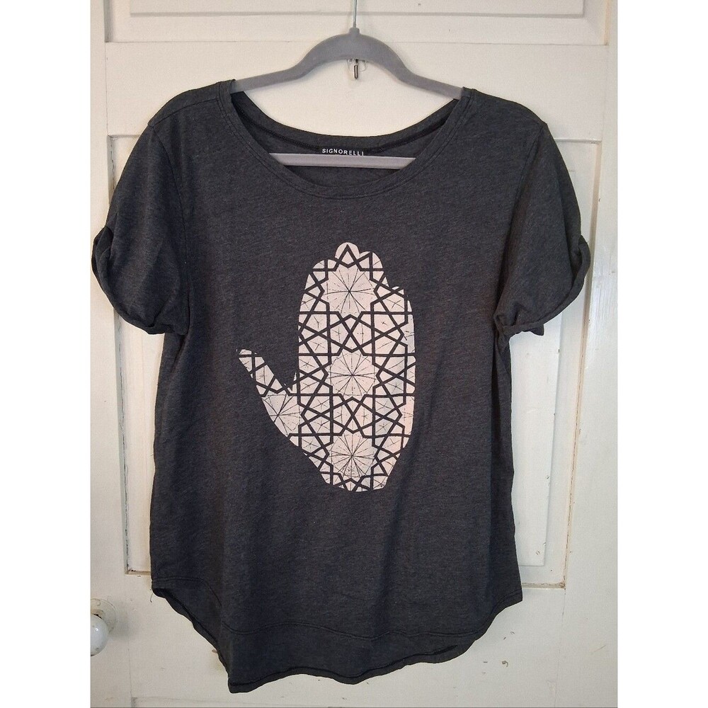 Signorelli Graphic Hamsa Hand Tee - Women's Gray Poly Cotton Sz M Made In U.S.A.